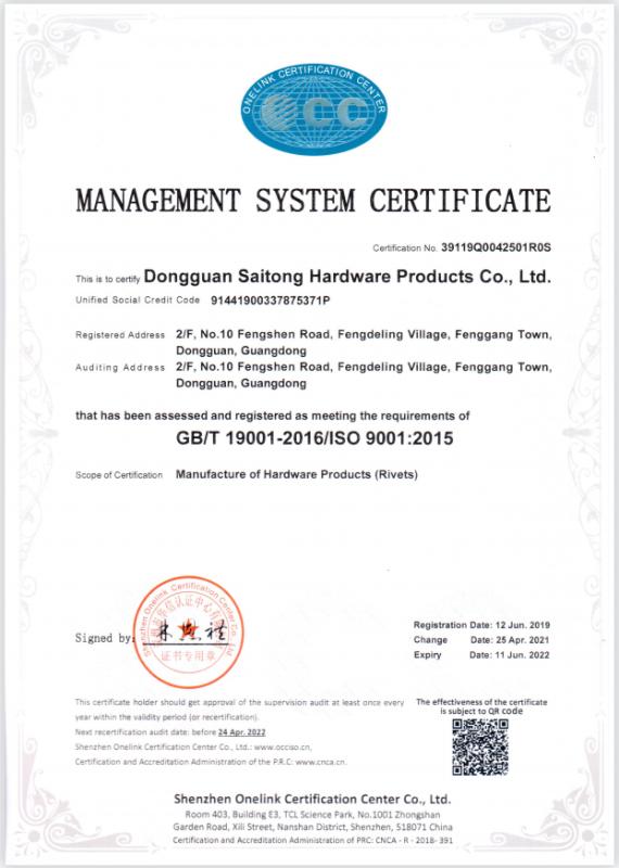 ISO9001 - Dongguan Saitong Hardware Products Co., Ltd.