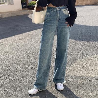 China RTS Breathable Mid Rise Women Loose Ripped Friends Jeans Waist Mid Baggy Denim Pants Distressed Pocket Leg Women Wide Leg Jeans for sale