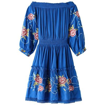 China Luxury Women Breathable Mini Dress Custom Heavy Embroidery Bohe Resort Design Off Shoulder Chiffon Smocked Waist Summer Lady Dress for sale