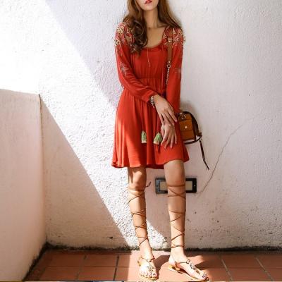 China Breathable Delicate Floral Applique Embroidery U-Neck Loose Fit Elegant Lady Boho Tribal And Ethnic Resort Mini Dress With Belt for sale