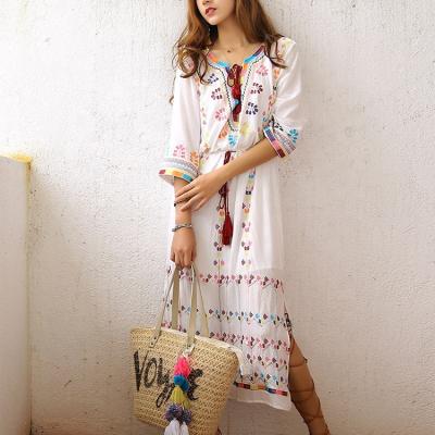 China Breathable Delicate Heavy Embroidery Round Neck With Tassel Tied Up Straight Side Slits Kaftan Women Dress Loose Fit Dress Long for sale