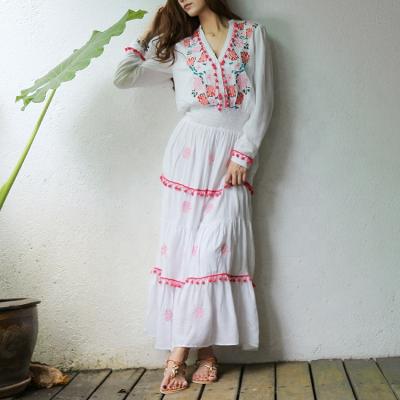 China Breathable Bohemian Embroidered Floral V-Neckline Button Up Long Beach Dress Boho Maxi Dress Smocking Waist Casual Cotton Sleeve for Women for sale