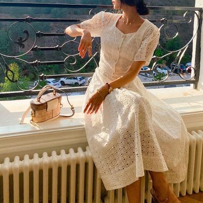 China 100% Women's Viable Short Sleeve Button Blouse OEM Woman Cotton Breathable Clothing Sets EMB Two-Piece Maxi Skirt Elegant Casual Dress for sale