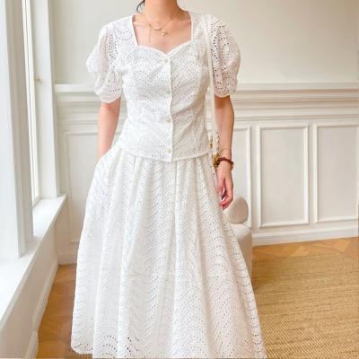 China Factory Price High Quality Breathable Heart Shaped Neck All Over Lady Set Two Piece Resort Skirt Set Elegant Embroidery Women for sale