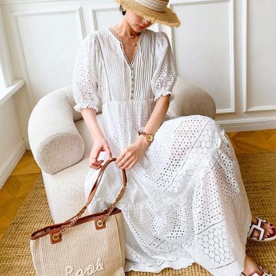 China Breathable Women Blow Off Short Sleeve V-Neck All Over Flowy Maxi Dress Tassel Tie Neck Pintucks Tiered Cotton Embroidery Long Dress for sale