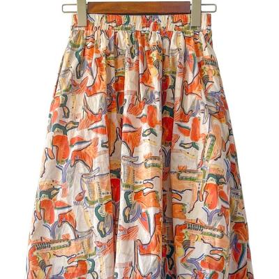 China Women Boho Elastic Colorful Gypsy Summer Multi Color Printed Midi Flare Large Waist Skirt Breathable Casual Skirt for sale