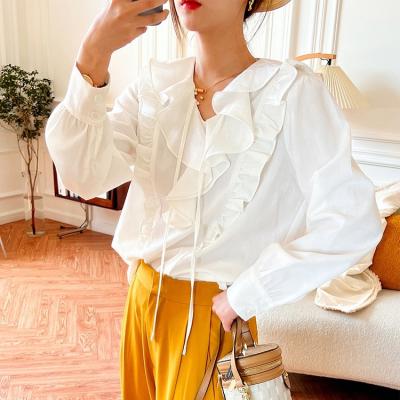 China 2023 New Arrival Solid V-Neck Ruffle Trim Anti-Pilling Women Shirt Customized Lady Elegant Bow Tie Shirt Women Long Sleeve Blouses for sale