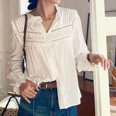 China Yard Style High Quality Vintage Anti-pilling Solid Women Shirt OEM Puff Long Sleeve Women Ruffle Elegant Lady Party Blouses Office Shirt for sale