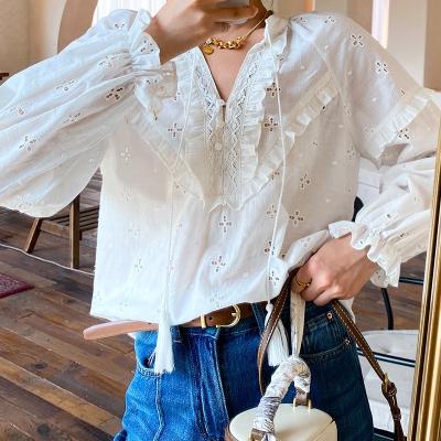 China OEM Anti-pilling Puff Long Sleeve Women Shirt Summer French Romantic High Quality Classic Beach Wear All Embroidery Vintage Lady Blouse for sale