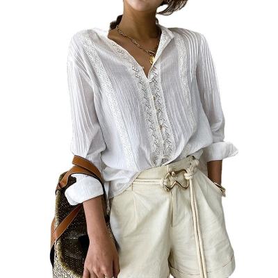 China Anti-pilling OEM Summer Women Solid Shirt Button Up Lace Applique Beach Wear Lady Top Women Long Sleeve Cotton Vacation White Blouse for sale