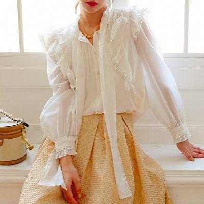 China 2023 New Arrival Ruffle Lantern Sleeve Solid Anti-pilling Women Shirt Long Customized Lady Elegant Delicate Women Blouses Bow Tie Top for sale