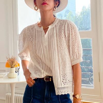 China Anti-pilling Wholesale All Over Embroidery Summer Shirt Dropshipping Beach Lady Top Women Puff Short Sleeve Cotton Patchwork Vacation Blouses for sale