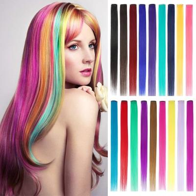 China Free Sample Ombre Straight Synthetic Hair Tangle 20inch Long Clip In Clips Hair Pieces Rainbow Color Hair Extension for sale