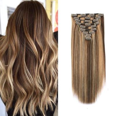 China Easy Apply Highlight #P4-27 Chocolate Brown Mixed Blonde Clip In Hair Piece Extensions Clip Doubles Thick Ins Hair Weft for sale