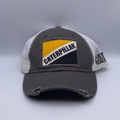 China COMMON New Style Custom Vintage Distressed Caterpillar Trucker Hat Gray Twill White Mesh Snapback Hat Wholesale for sale