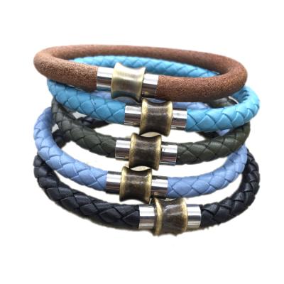 China Wholesale Punk Personality Stainless Steel Braided Leather Bracelet Bangle With Magnetic Clasp QXSZ009 for sale