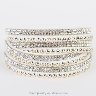 China Wholesale Punk Double Wrap Bracelet Leather Wrap Bangles Double Wrapped Bangles With Crystal Shimmer Bilingbling A Graduate BCR030 for sale