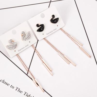 China BXGEH002 hot sale TRENDY personalized stainless steel earring with long chains tassel jewelry for ladies girls shiny swan earrings for sale