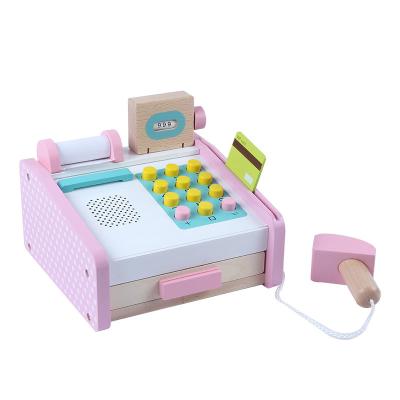 China Early Education Wholesale Cash Register Toy Wooden Cashier Pretend Play Game Toy For Children for sale