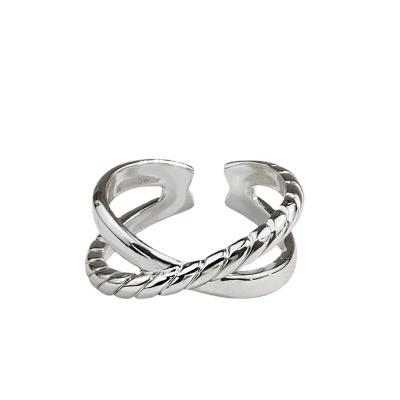 China Female Net Red Index Finger Ring Retro Double Layer S925 Plain Ring Stylish Sterling Silver Cross Adjustable Ring Cold Wind for sale