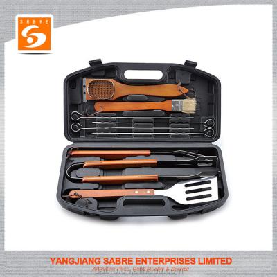 China New Easily Cleaned Saber Style 10pcs Wooden Handle BBQ Tool Kit in Plastic Case for sale