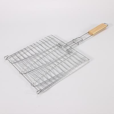 China Easily Cleaned Outdoor BBQ Grilling Grill Basket For Non-Stick Triple Basket Fish Wire BBQ Fish Basket Wooden Fish Basket for sale