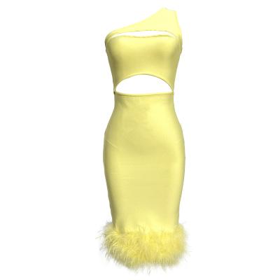 China high quality Anti-wrinkle one shoulder hollow out sexy ostrich feather celebrity bandage dress women cocktail dress party dress for sale