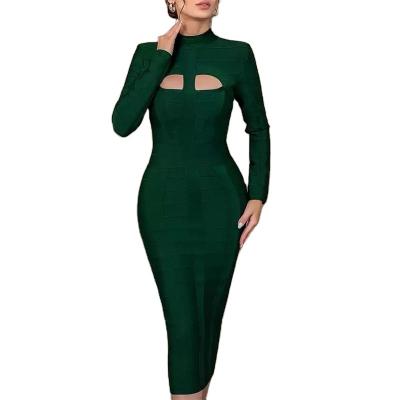 China Factory Direct Elegant Green Sexy Hollow Chest Wrap Anti-Wrinkle Long Cup Split Bandage Long Evening Dress for sale