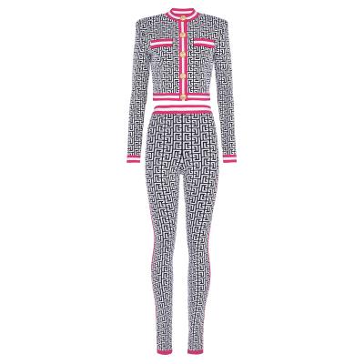 China Breathable High Quality Long Sleeve Jacquard Women Knitting Top Coat Legging Two Pcs Set Pants Suit Set Tight Evening Dress Wedding Party for sale