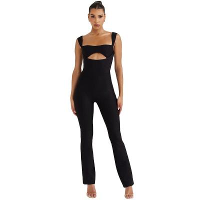 China 2023 New Arrivals Fashion Women Bodycon Bodycon V-Neck Strap Mid Waist Black QUICK DRY Bandage Split Overalls for sale