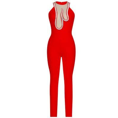 China Women's Diamonds Garment Lady One-Piece Jumpsuit Bandage Overalls Dress Women's Sexy Tight Breathable High Quality Elastic Sleeveless Jumpsuits for sale