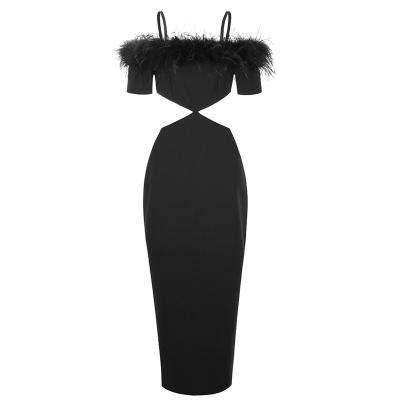 China new style Anti-wrinkle navel show off the shoulder feather sexy women dress lady bodycon party dress for cocktail party club banquet for sale