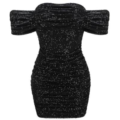 China new style Anti-wrinkle off the shoulder sequins folded strapless sexy women dress lady bodycon dress women party dress for wedding banquet for sale