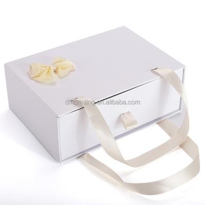 China Recycled Materials Custom Decorated Drawer Design Gift Box With Ribbon Handle For Wedding, Party, Birthday Gift Packaging for sale