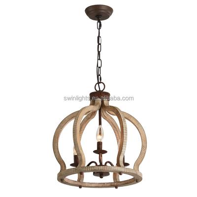 China New Farmhouse Crown 3 Lights Handmade Wooden Vintage Chandelier Antique Pendant Light for sale