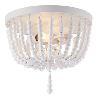 China Hot Seller Outdoor Mounted Round White Wooden Beads Ceiling Light Corridor Entryway Iron Flushmount Lamp for sale