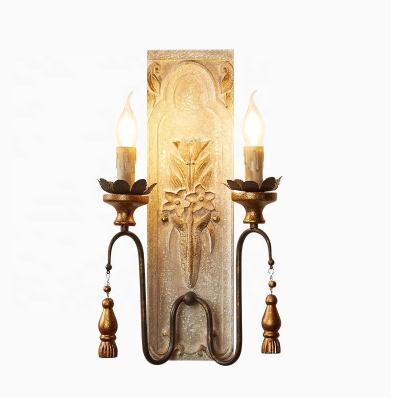 China American Farmhouse Style Vintage Wood Carved 2 Light Wall Light For Bedroom Wall Lamp For Hallway for sale