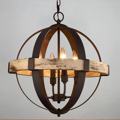 China New Handmade Industrial Wood Sphere Lamp Round Wrought Iron Chandelier Lighting Made in China C6025-4 for sale