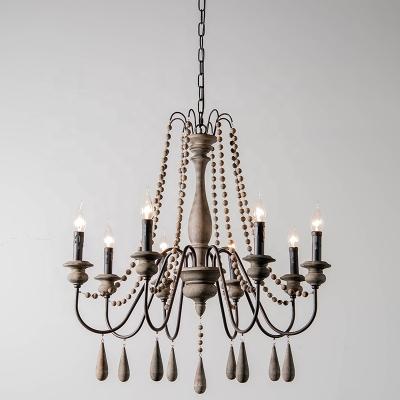 China Retro French Traditional Style 8 Interior Lights Farmhouse Country Chandelier Candle Wood Ceiling Lamp for sale