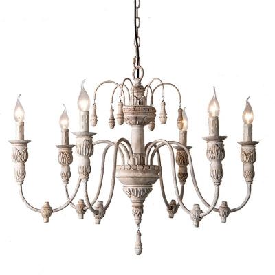 China Handmade French Country Weathered White Wood Chandelier Hand Carved Wood Light for sale