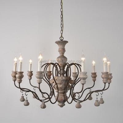 China Style 10 Lights Traditional French Wood Chandelier Vintage Rustic Iron Ceiling Light for sale