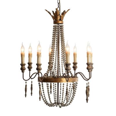 China Antique Finish Italian Iron Hanging Pendant Lighting , Vintage Classic Wood Beaded Chandelier for sale