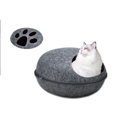 China Amazon Viable Hot Sale Sleeping Pet Breathable Heating Wool Felt Cat Cave Bed For Pet Supplies Cat Cave Nest Zipper Egg Shape for sale