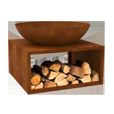 China Outdoor High Quality Rusted Cardboard Steel Stored Metal Garden Fire Pit With Woodshed for sale