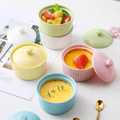 China Stocked Ceramic Small Baking Bowl Double Skin Cream Egg pot Cake Pudding Dessert Bowl Stew Cup Baking Bowl with Lid for sale