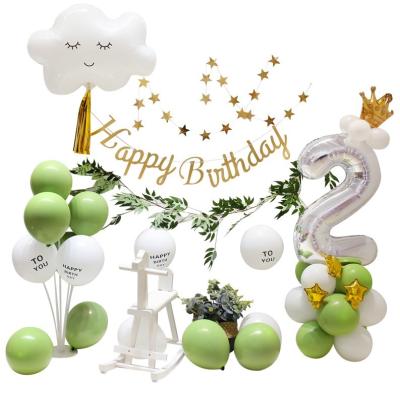 China 2nd 3rd birthday party decorations  white olive  green latex foil number happy birthday banner garland balloon set for sale