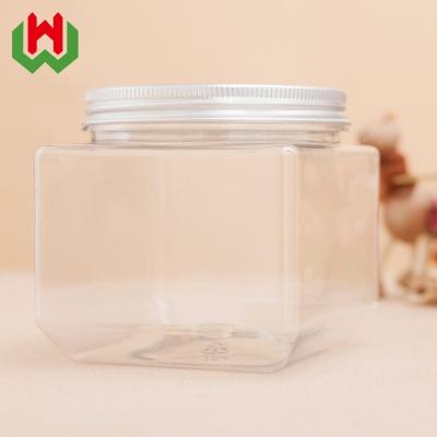 China Custom Cookie Square 800ml PET Plastic Seal Jar With Aluminum Lid for sale