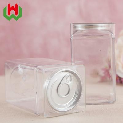 China Double Top Empty Cookie 300ml Square PET Plastic Canning Jar With Buckle Cap for sale