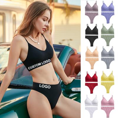 China Custom Letter Ribbed Logo Letter Ribbed Seamless Tanks Bralette Cotton Bra Panties Teenager Women's Sports Underwear Briefs Tops Custom Made One Piece Thong for sale