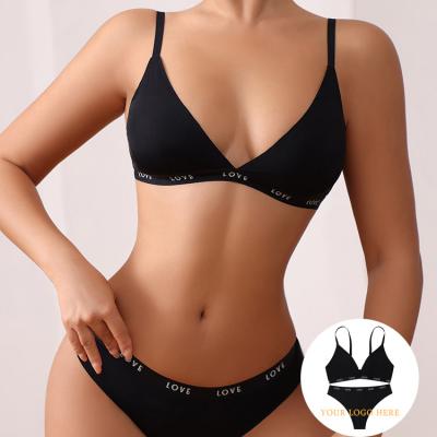 China High Quality Lady's Breathable Logo Letter Custom Padded Bra Set Wire Free Sexy Bra And Thong Set Underwear For Women for sale